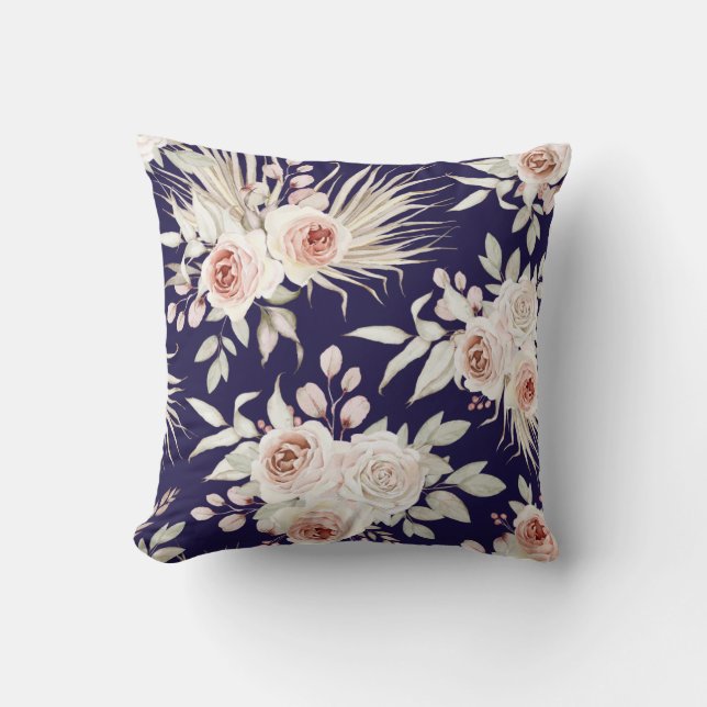 Boho Pink Roses on Navy Blue Throw Pillow (Front)