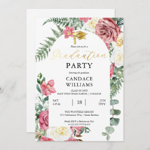 Boho Pink Roses Orchids Floral Graduation Party Invitation