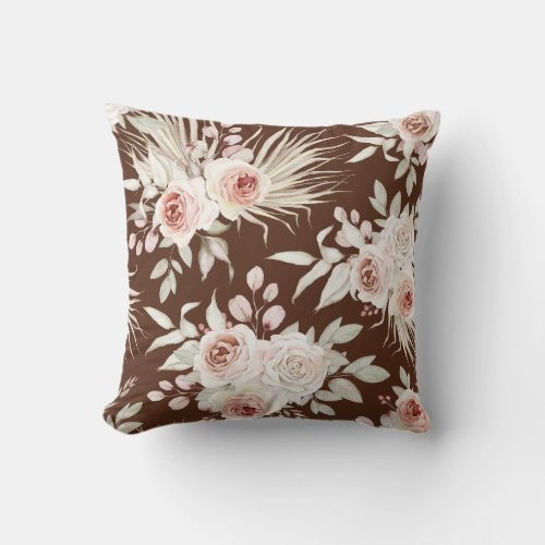 Boho Pink Roses Pattern on Rich Brown Throw Pillow