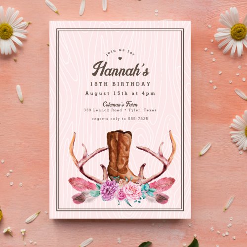 Boho Pink Rustic Cowgirl Boot Birthday Invitation