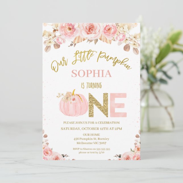 Boho Pink Rustic Fall Pumpkin 1st Birthday Invitation (Standing Front)