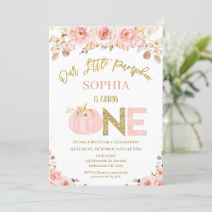 Boho Pink Rustic Fall Pumpkin 1st Birthday Invitation