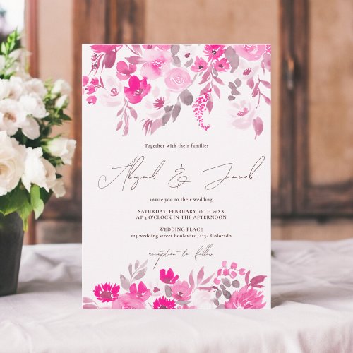 Boho pink rustic hand painted floral wedding invitation