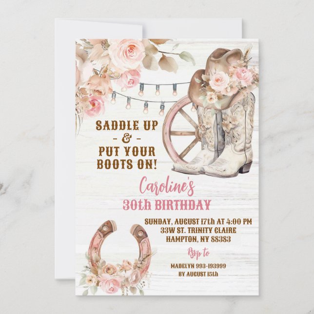 Boho Pink Rustic Western Cowgirl Birthday Invitation