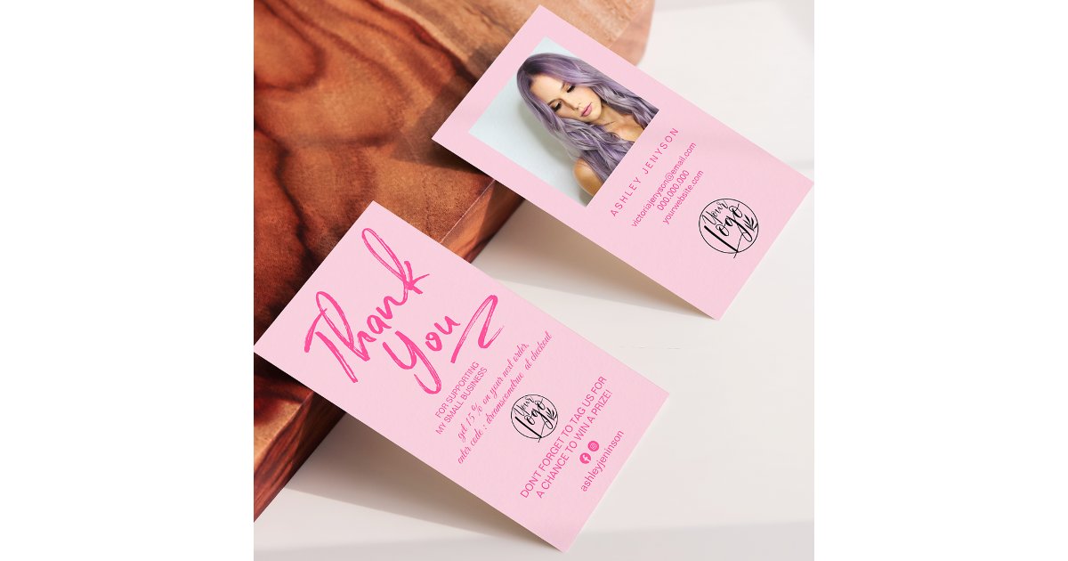 Boho pink script photo logo order thank you business card | Zazzle