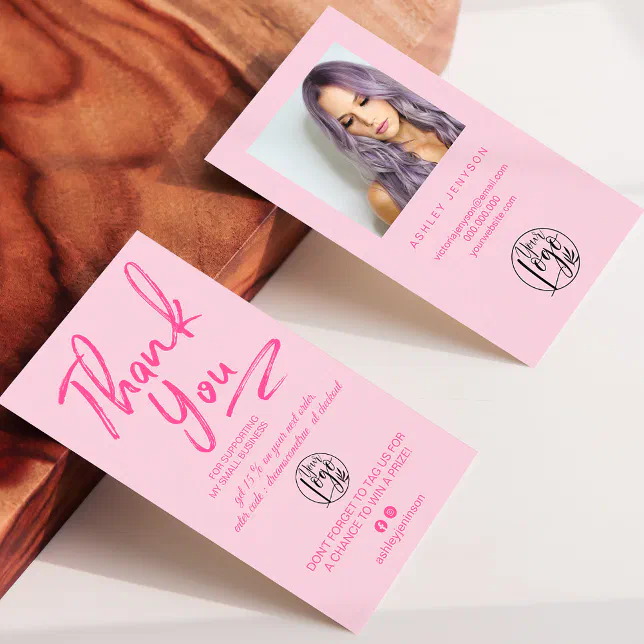 Boho pink script photo logo order thank you business card | Zazzle