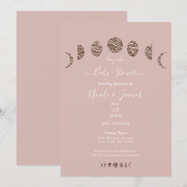 Boho Pink Shine Moon Phases Modern Baby Shower  Invitation (Front/Back)