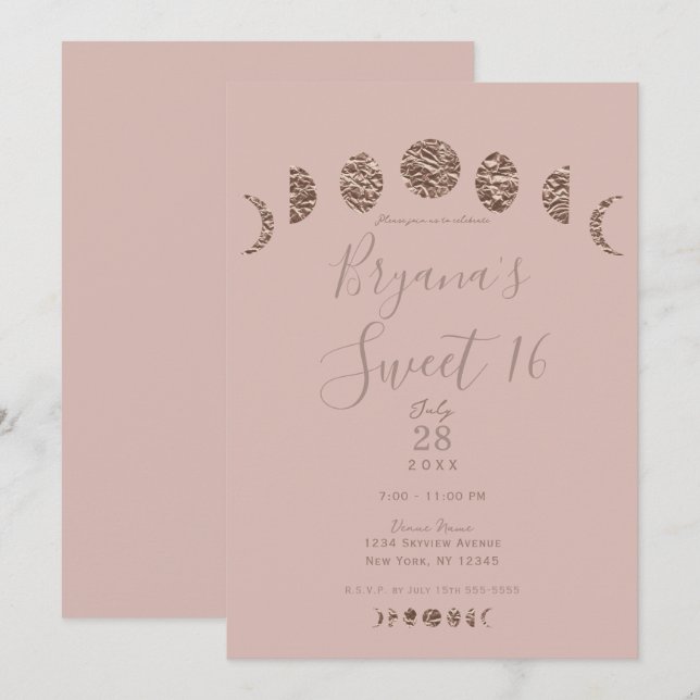Boho Pink Shine Moon Phases Modern Sweet 16 Party Invitation (Front/Back)
