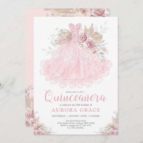 Boho Pink Silver Quinceaera Party Ball Gown Invitation