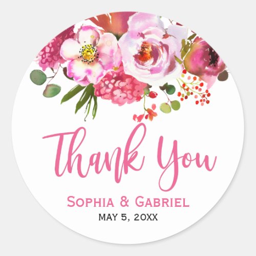 Boho Pink Spring Floral Wedding Thank You Classic Round Sticker