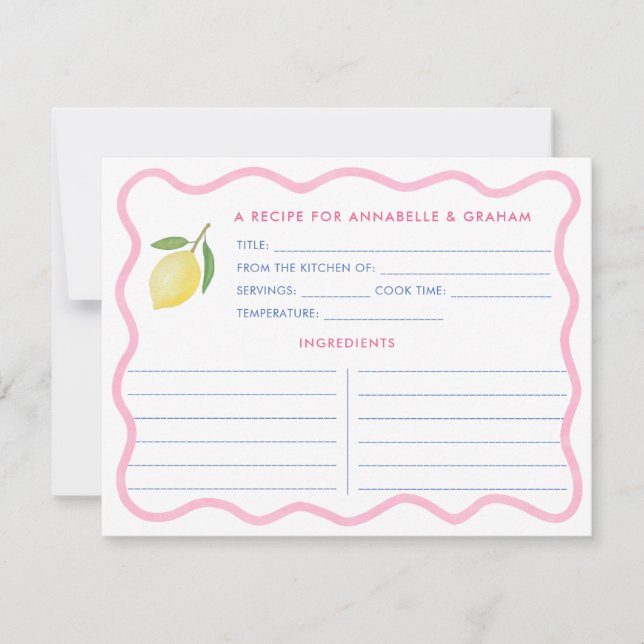 Boho Pink Squiggle Lemon Bridal Shower Recipe Card (Front)