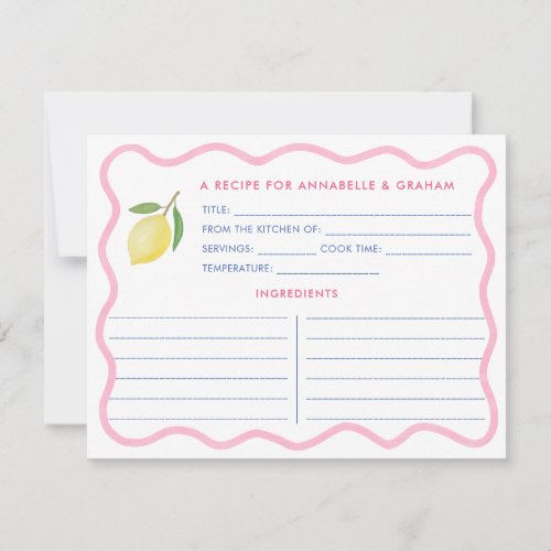 Boho Pink Squiggle Lemon Bridal Shower Recipe Card