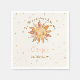 Boho Pink Sun Girl 1st Birthday Napkins