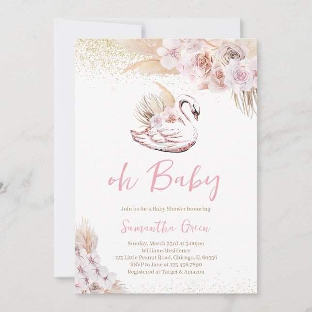 Boho Pink Swan Baby Shower Invitation (Front)