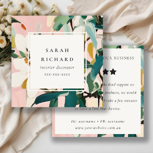 Boho Pink Teal Green Painted Floral Review Request Square Business Card