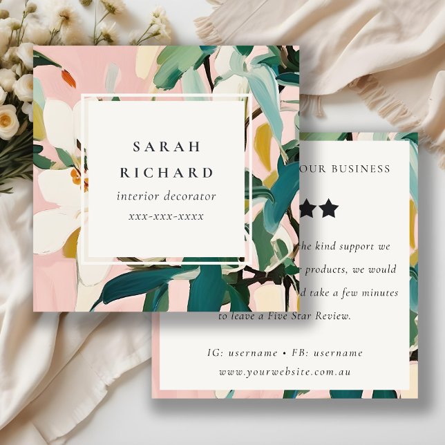 Boho Pink Teal Green Painted Floral Review Request Square Business Card (Creator Uploaded)