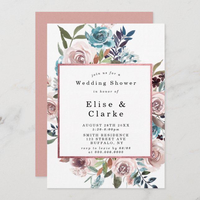 Boho Pink Teal Peony Wedding Shower Invitations (Front/Back)