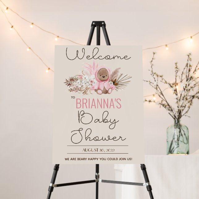Boho Pink Teddy Bear Baby Shower Welcome Sign  (In Situ (Stand))