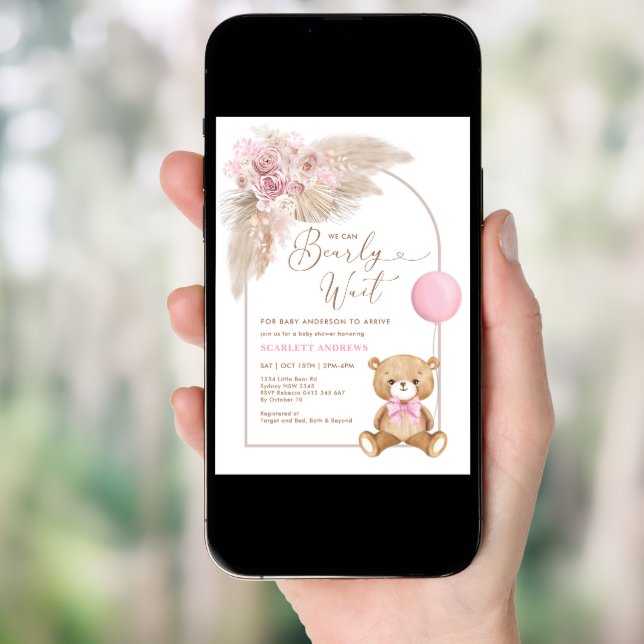 Boho Pink Teddy Bear Balloon Pampas Baby Girl Invitation (Front Digital)