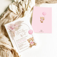 Boho Pink Teddy Bear Balloon Pampas Baby Girl Invitation