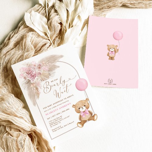 Boho Pink Teddy Bear Balloon Pampas Baby Girl Invitation