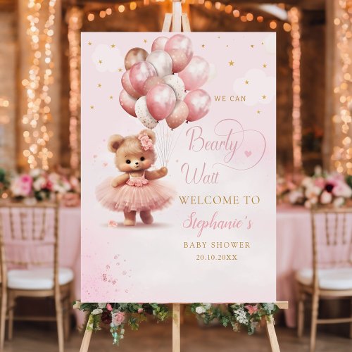 Boho Pink Teddy Bear Girl Baby Shower Welcome Sign