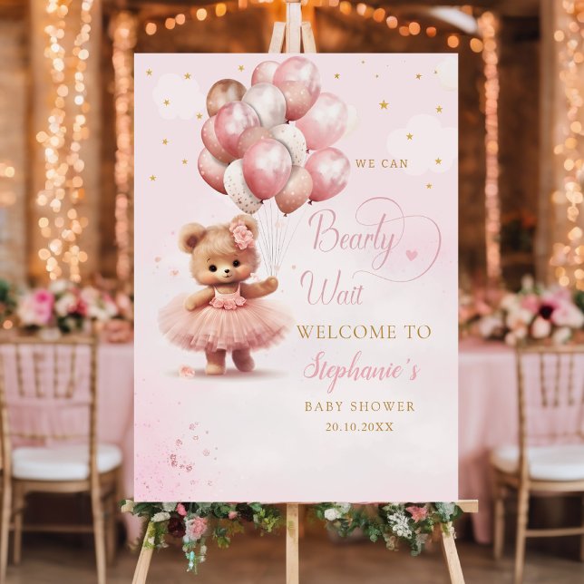 Boho Pink Teddy Bear Girl Baby Shower Welcome Sign (Creator Uploaded)