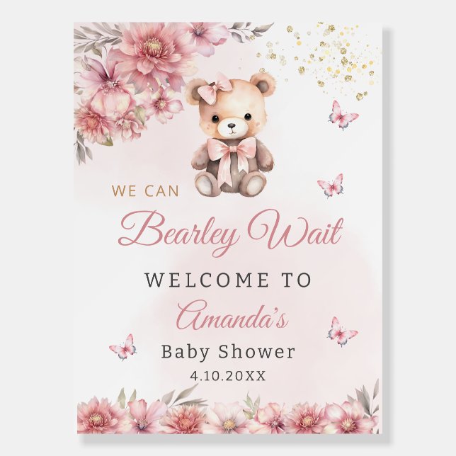 Boho Pink Teddy Bear Girl Baby Shower Welcome Sign (Front)