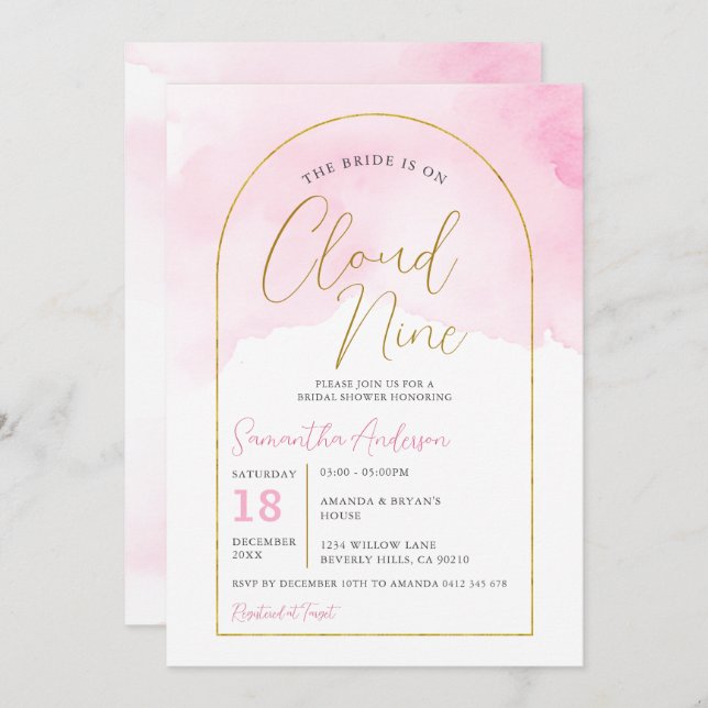 Boho Pink The Bride is on Nine Cloud Bridal Shower Invitation (Front/Back)