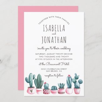 Boho Pink & Turquoise Watercolor Cactus Wedding Invitation