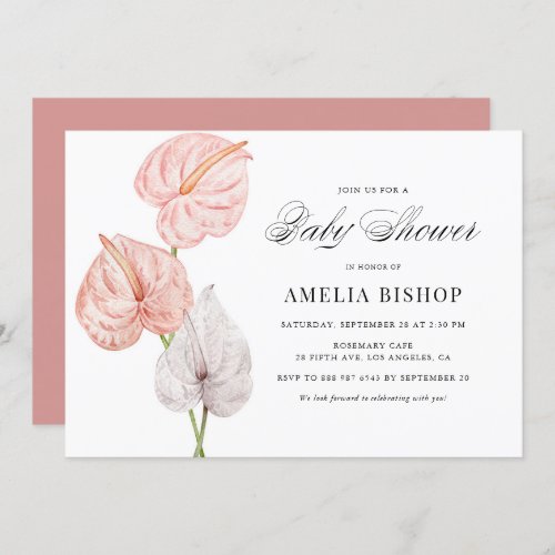 Boho Pink Watercolor Anthuriums Baby Shower Invitation