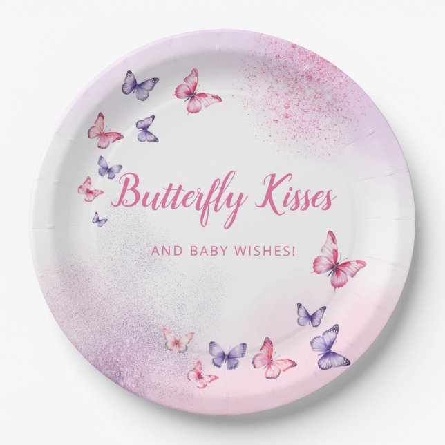 Boho Pink Watercolor Butterfly Baby Shower Paper Plates (Front)