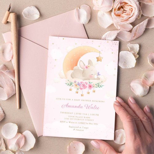 Boho Pink Watercolor Cute Bunny Girl Baby Shower Invitation