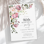 Boho Pink Watercolor Floral 90th Birthday Party Invitation<br><div class="desc">Celebrate a 90th birthday in beautiful boho style with this attractive watercolor floral birthday party invitation. It has a lovely floral corner bouquet in the stylish color combination of blush pink, dusty rose, and peach with leafy greenery scattered throughout. It makes a wonderful choice for celebrations from mid-summer, to fall...</div>