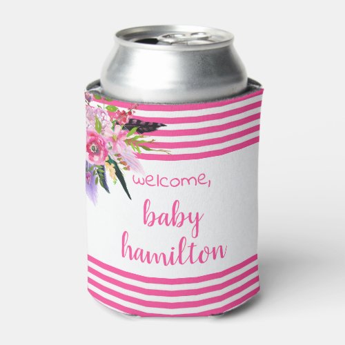 Boho Pink Watercolor Floral Custom Baby Shower Can Cooler