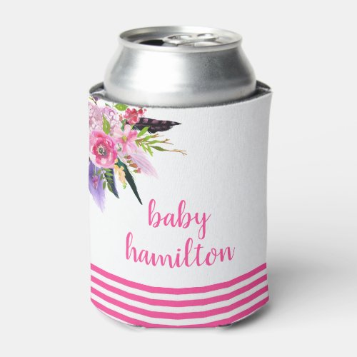 Boho Pink Watercolor Floral Custom Baby Shower Can Cooler