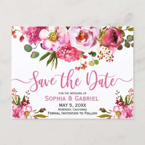 Boho Pink Watercolor Floral Typography Wedding Announcement Postcard