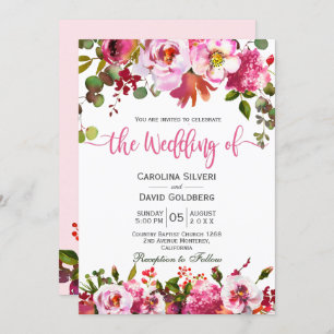 Boho Pink Watercolor Floral Typography Wedding Invitation