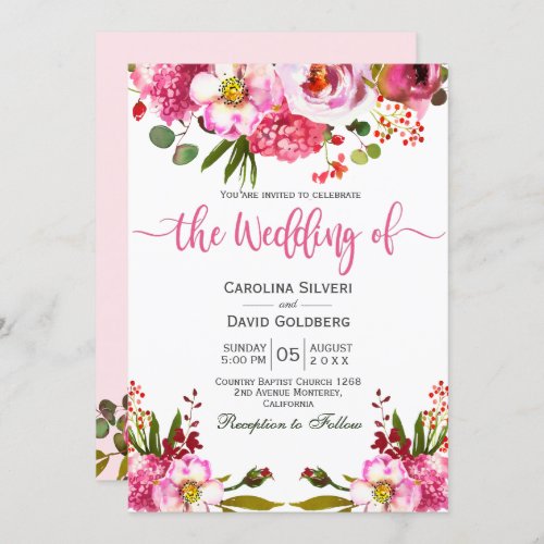 Boho Pink Watercolor Floral Typography Wedding Invitation
