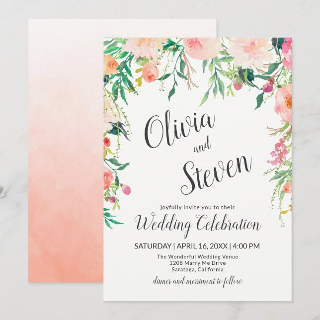 Boho Pink Watercolor Floral Wedding Invitation (Front/Back)