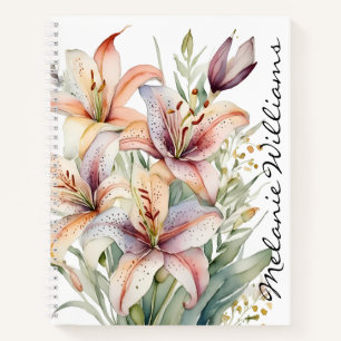 Boho Pink Watercolor Lilies Personalized Name Notebook