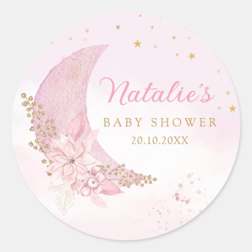 Boho Pink Watercolor Over The Moon Baby Shower Classic Round Sticker