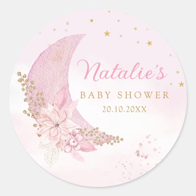 Boho Pink Watercolor Over The Moon Baby Shower Classic Round Sticker (Front)