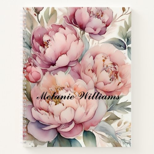 Boho Pink Watercolor Peonies  Personalized Name Notebook