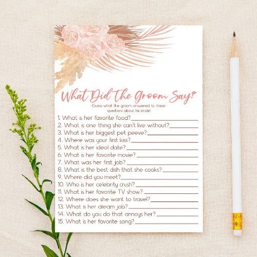 Boho Pink What The Groom Say Bridal Shower Game Stationery