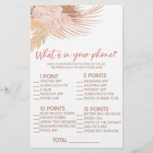 Boho Pink Whats In Phone Bridal Shower Game Stationery