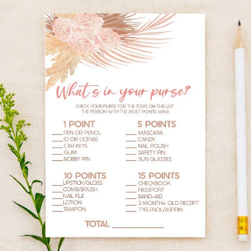 Boho Pink Whats In Purse Bridal Shower Game Stationery