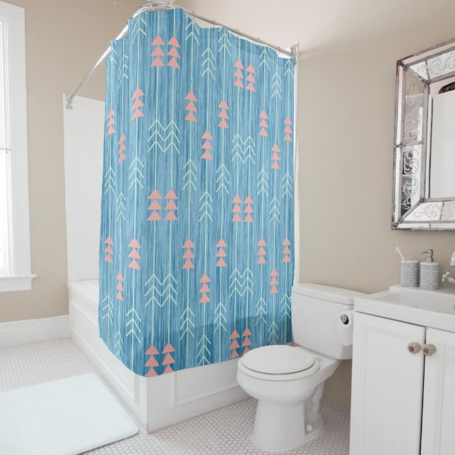 Boho Pink White Arrow Blue Background Shower Curtain (In Situ)