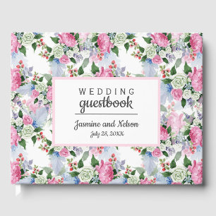 Boho Pink White blue Wedding Personalized Flower Guest Book