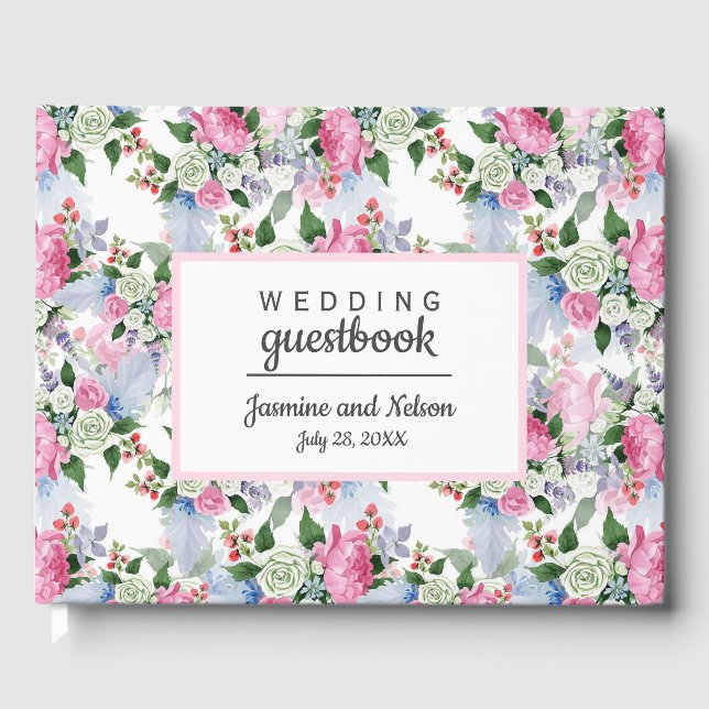 Boho Pink White blue Wedding Personalized Flower Guest Book (Front)